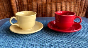 Fiesta Ware Coffee or Tea Cup & Saucer 1 Yellow 1 Red Homer Laughlin Set Of 2 - Picture 1 of 7