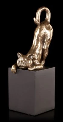 Katzen Figur - Auf schwarzem Monolith - Veronese Bronze-Optik Statue Tier