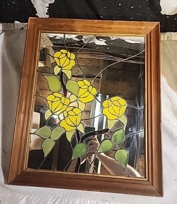 Stained Glass Flower Mirror Art Solid Oak Frame 23.5in. X 19in Hand Made  - Image 1 of 4
