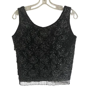 Vintage Black Beaded Sequin Tank Top ~ Made in Hong Kong ~ Size S ~ 100% Wool - Picture 1 of 5
