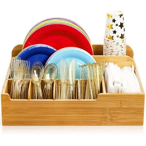 Bamboo Utensil Caddy Organizer For Countertop 8 Compartment Paper Plate Holder A - Picture 1 of 8
