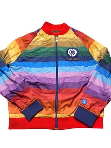 Vintage 90s Coogi Rainbow Stripe Zip Up Track Jacket Logo Patch Satin Size L REA - Picture 1 of 8