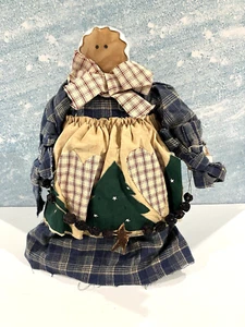 Folk Art Primitive Handmade Cloth Doll in Dress on Wooden Stand Country Trees - Picture 1 of 9