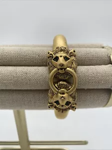 Löwenkopf Armband goldfarben Statement Bangal Scharnierverschluss grüne Steinaugen - Bild 1 von 8