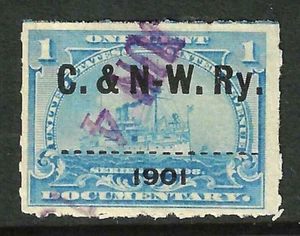 C & NW RY Railroad Cancel 1901 Battleship Revenue 1 Cent US 90F74 - Picture 1 of 1