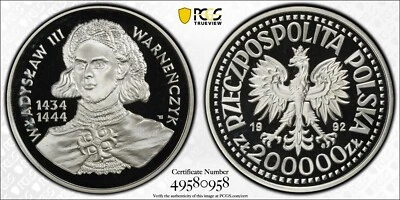 Poland 1992 200,000 Zlotych Wladyslav III PCGS PF69 Dcam Top Pop - Image 1 of 4