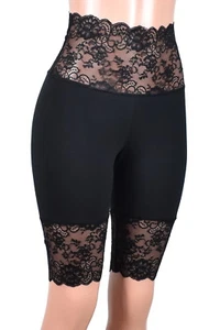 Knee Length Wide Waistband Black Stretch Lace Shorts XS to 2XL 3XL plus size - Picture 1 of 5