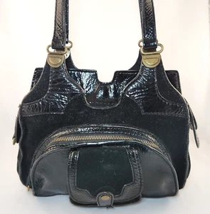 Bica Cheia Anthropologie Black Suede Patent Leather Shoulder Bag 2 Zip Sections - Picture 1 of 19