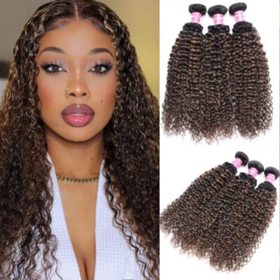 UNice Malaysian Ombre Highlight Brown Curly Bundles Human Hair Extensions Weaves - Image 1 of 4