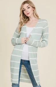 Women's LONG SLEEVE STRIPE PRINT OPEN CARDIGAN - MINT/IVORY Size M/L NEW - Picture 1 of 4