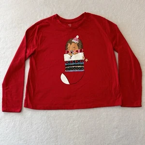Holiday Time Kids Girls Pajama Top L 10/12 Red Long Sleeve Crew Neck Hedgehog - Picture 1 of 6