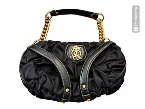 VTG JUICY COUTURE Purse Black Nylon Leather Y2K Chain Royal Crown Shoulder - Picture 1 of 8