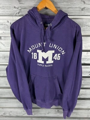 Moletom com capuz masculino vintage Mount Union Purple Raiders manga longa M desbotado/usado - Imagem 1 de 4