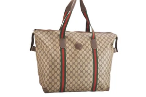 Authentic GUCCI Web Sherry Line Travel Boston Bag GG PVC Leather Brown 4039N - Picture 1 of 10