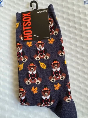 Hot Sox Oso de Peluche Peregrino Crew Calcetines Zapato Talla 4-10.5 Acción de Gracias RARO NUEVO Foto 1 de 3