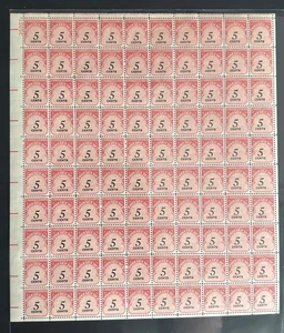1930 U.S. Postage Due Sheet MNH OG – 5¢ Carmine – Full Sheet of 100 – Scott J93 - Picture 1 of 1
