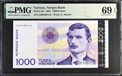 WORLD'S ONLY! NORWAY 1000 KRONER P-52a 2001 MUNCH PMG 69 EPQ SUPERB GEM - Image 1 of 3
