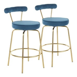 Lumisource Rhonda 26 in. Blue Velvet and Gold Metal Glam Counter Stool (Set of - Picture 1 of 5