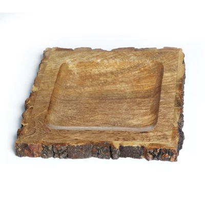 Natural Wooden Tree Trunk Square Serving Platter/Tray with Bakkal Edge Finish UK - Image 1 of 3