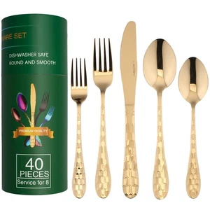 Gold Silverware Set for 8, 40-Piece Flatware Set Stainless Steel with Titaniu... - Picture 1 of 7