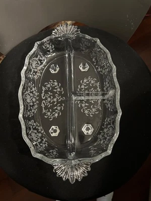 Vintage MCM Fostoria 'Meadow Rose' Etched, Divided, Footed Relish Tray - Image 1 of 4