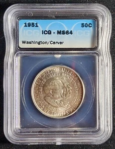1951-P WASHINGTON CARVER 50C ✪ ICG MS64 ✪ CHOICE UNCIRCULATED. Our T3884 - Picture 1 of 4