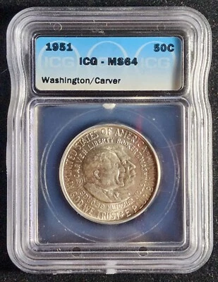 1951-P WASHINGTON CARVER 50C ✪ ICG MS64 ✪ CHOICE UNCIRCULATED. Our T3884 - Image 1 of 4