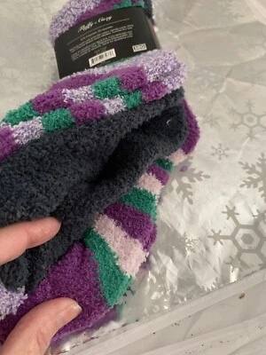 ❤️Fluffy & Cozy Socks 3pk Knit Soft Microfiber Warm Plush Purple Multi Stripes - Image 1 of 4