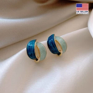 Gorgeous Women 925 Sterling Silver Earrings Ocean Blue Glazed Arc Style 1564 - Picture 1 of 5