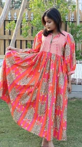 Cotton Pink Orange Striped Tiger Maxi Gown, Deep Neck Dress Women's Clothing US - Picture 1 of 6