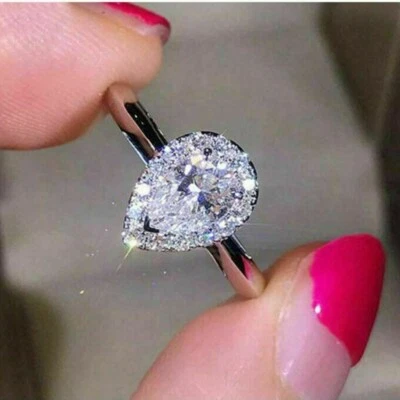 1 Ct Pear Shape Diamond Halo Solitaire Engagement Ring 14K White Gold Finish - Image 1 of 4