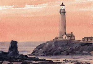 Tarjetas de notas artísticas de acuarela de acuarela de la costa de California Pigeon Point Lighthouse - Imagen 1 de 2