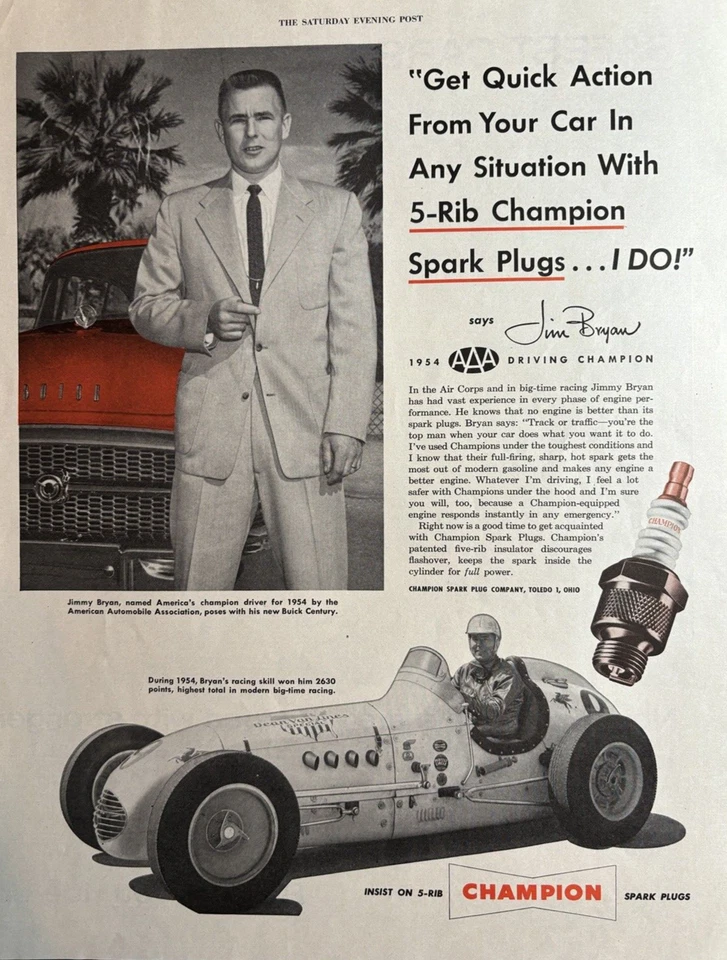 Champion 1955 bujías Jim Bryan Driving Champion 5 costillas anuncio impreso vintage Foto 1 de 1
