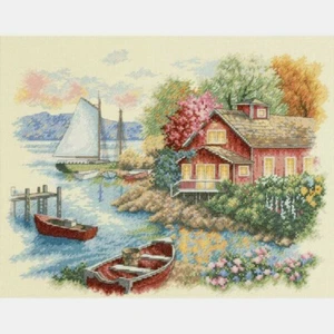 Dimensions Counted Cross Stitch Kit Peaceful Lake House 11" X 14" NEW 14 Count - Picture 1 of 1