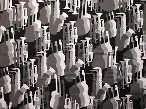 MOD JAZZ NEW ORLEANS INSTRUMENTS BAND BLACK WHITE GRAY COTTON FABRIC FQ - Picture 1 of 6