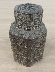 Vintage Hexagonal Pewter Tea Caddy with Decorative 3D Floral Detail, 5" Tall - Picture 1 of 9