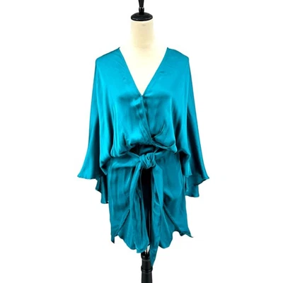 Mini Vestido Young Fabulous & Broke YFB S Addy Teal Satinado Manga Ala Corbata Cintura Foto 1 de 4