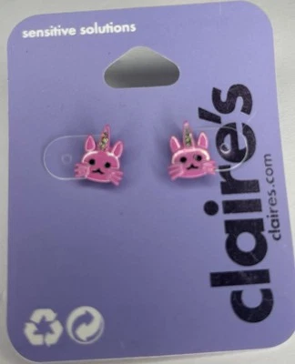 Claire’s Pierced Pink Unicorn Kitty Cat Stud Earrings Children Toddler Girls - Image 1 of 3