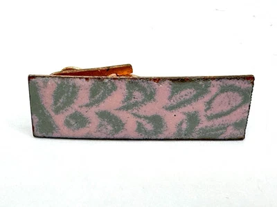 RARE Vtg 60s Enamel On Copper ARTIST Leopard Gray Pink Leaf Tie Bar Clip MCM HIP - Image 1 of 3