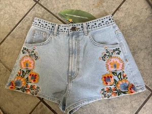 Neu Farm Rio Sommer Garten bestickt Denim High Rise Shorts jeansblau Gr. 27 - Bild 1 von 8