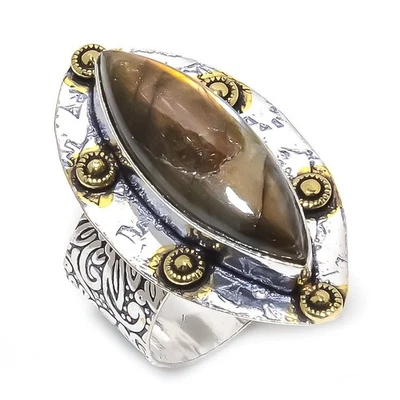 Anillo de dos tonos de regalo de plata de ley 925 hecho a mano con piedras preciosas de labradorita talla 9 G461 Foto 1 de 3