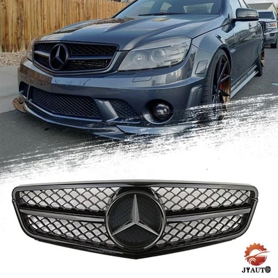Gloss Black Grille Grill w/Star For 2008-14 Mercedes Benz W204 C-Class C300 C350 - Image 1 of 4