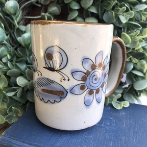 KEN EDWARDS Tonala Mexican Pottery Mug Cup Tea Blue Brown Bird Butterfly Signed - Picture 1 of 9