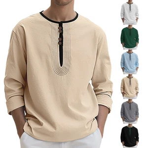 Camicia manica lunga sciolta lino tinta unita collo Henry uomo - Foto 1 di 25