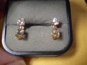 Pair 14K Yellow Gold Ladies 2-White Sapphire Dangle Earrings        2.5 grams - Picture 1 of 3