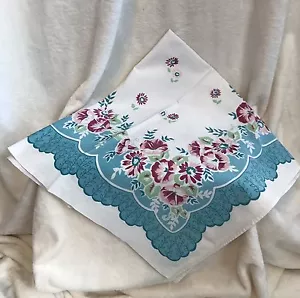 Vintage 60er Jahre Kartentisch Tischdecke Tischdecke 33" SQ BLUMEN Rosa Aqua Grün - Bild 1 von 10