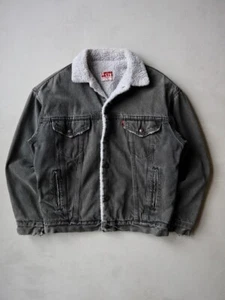 Vintage 80s Levi’s Sherpa Lined Black Denim Trucker Jacket Made in USA Size S/M - Bild 1 von 12