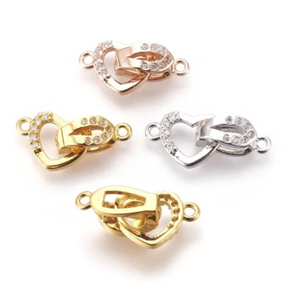 5Sets Brass Micro Pave CZ Fold Over Clasps Heart Bracelet Necklace Findings 18mm - Image 1 of 4