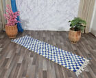 Vintage Checkered Rug Entryway Checker Blue / White Rug Outdoor Runner Handmade