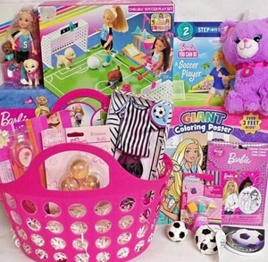 NEW BARBIE Chelsea TOY GIFT BASKET SOCCER PLAY SET PLUSH BOOK GOGGLES OUTFIT - Picture 1 of 1